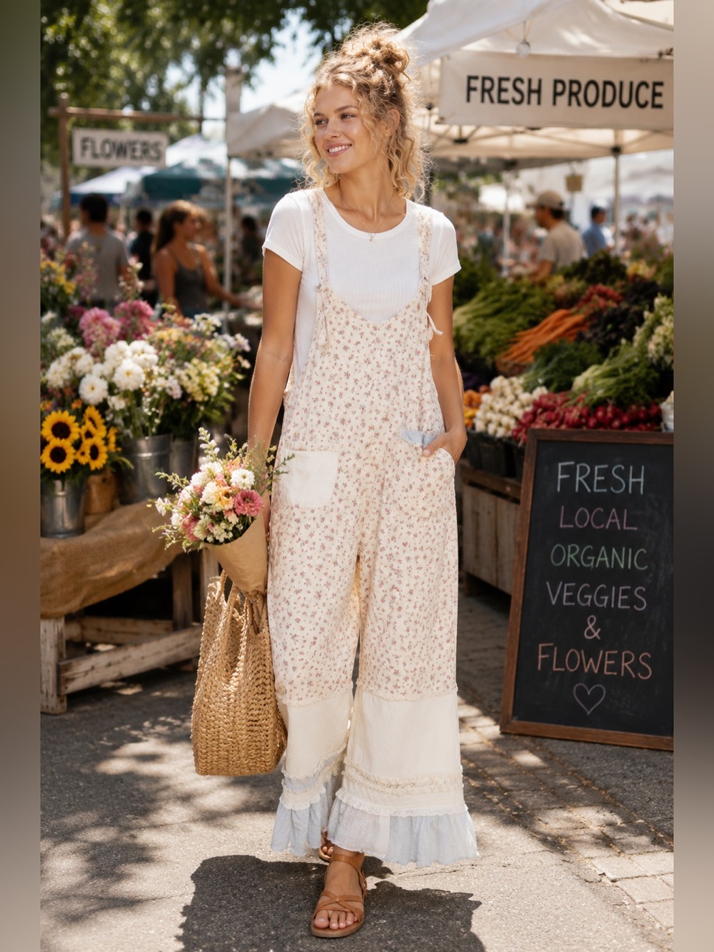 🐚 POL “ Cottage Bloom “ Overalls | Cream Floral